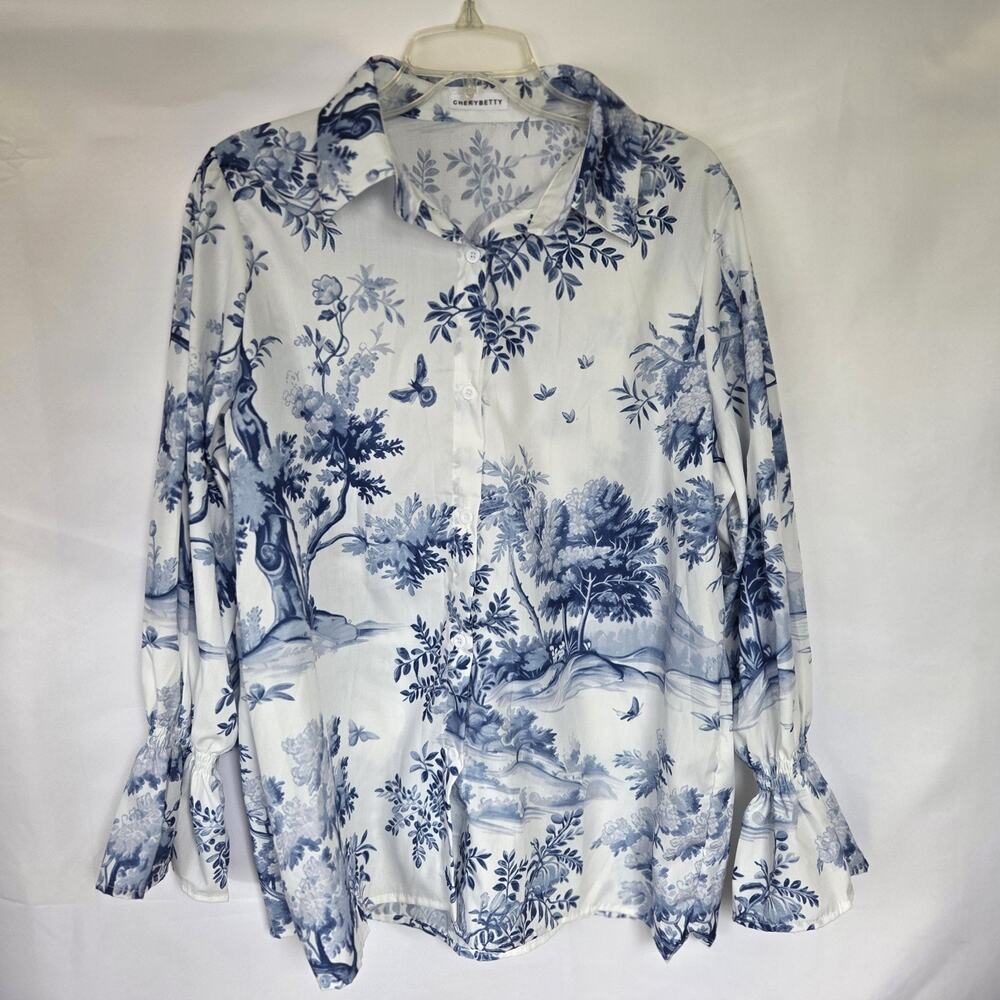 Cherrybetty Blouse Womens 2XL Blue White Toile Floral Bell Sleeve Top NWOT